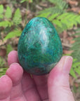Video of a polished chrysocolla in the shape of an egg. This egg shape is the same size as chicken egg.