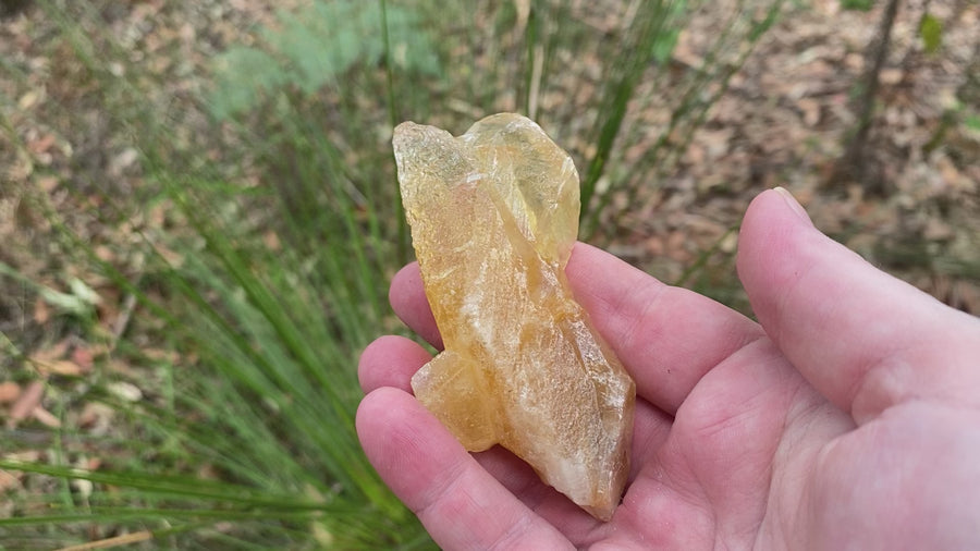 Video shows a specimen piece of dogtooth honey calcite. 