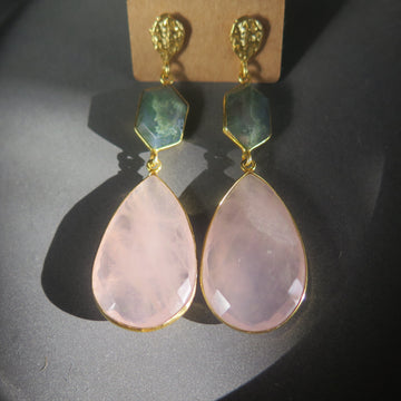 Moss Agate & Rose Quartz - Double Drop Earring