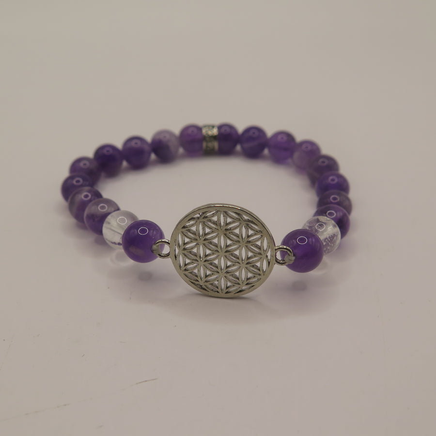 Amethyst/Clear Quartz Flower of Life Beaded Bracelet - 8mm