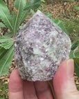 Video shows a top polished Lepidolite generator, the base is rough and the top has been polished into a six sided point. Pale purple in colour with white flecks throughout. 