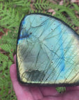 Video shows polished Labradorite free form crystal. The crystal has a lot of  colour flash in bluish, yellowish and greenish colours. 