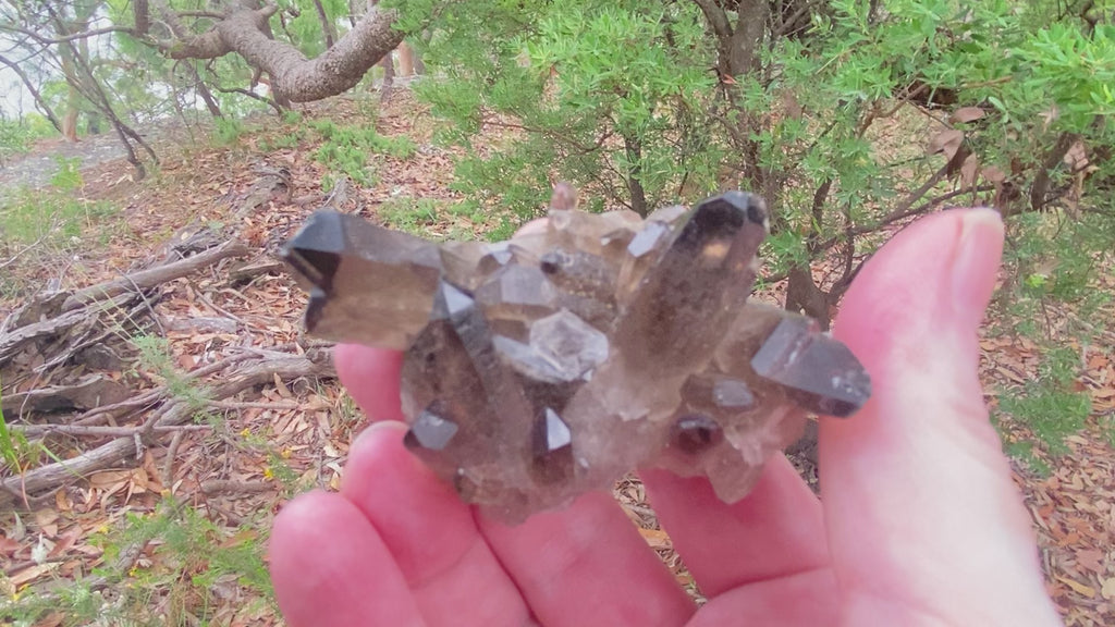 Video shows a smokey quartz cluster with very little matrix. It is blackish to dark grey in colour with translucent crystals. 