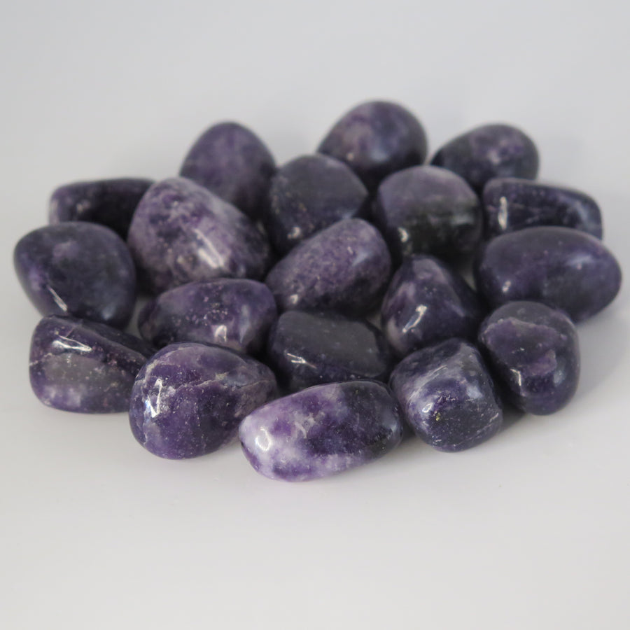 Image shows A grade Lepidolite tumble stones in an opaque deep purple colour. 