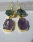 Moss Agate & Amethyst Raw - Double Drop Earring