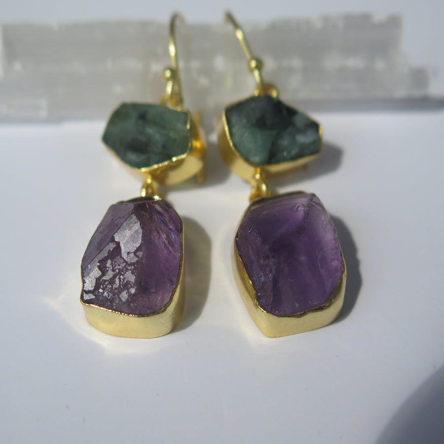 Moss Agate & Amethyst Raw - Double Drop Earring