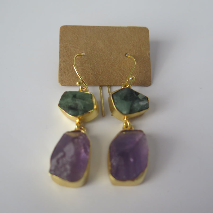 Moss Agate & Amethyst Raw - Double Drop Earring