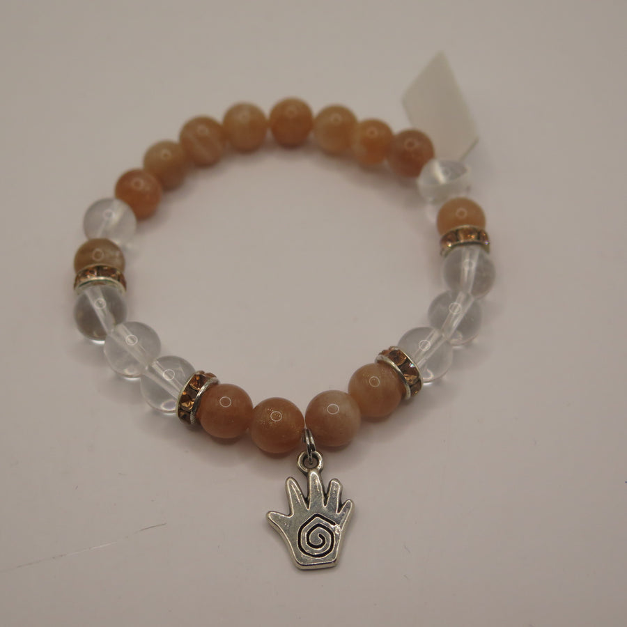 Peach Moonstone & Clear Quartz with Spiral Hand - 8mm Beaded Bracelet