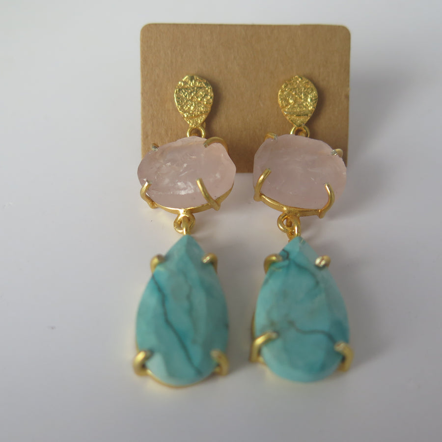 Rose Quartz & Turquoise - Double Drop Earring