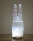 Selenite Castle Lamp Twin with LED light base.