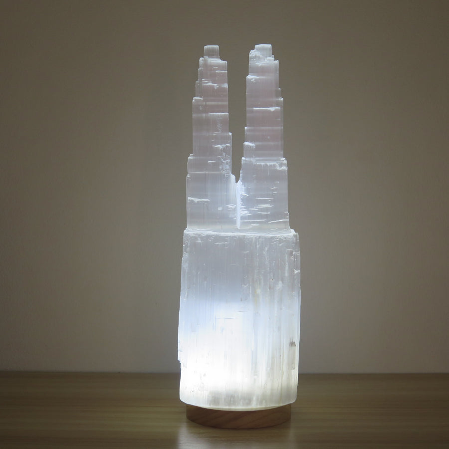 Selenite Castle Lamp Twin with LED light base.