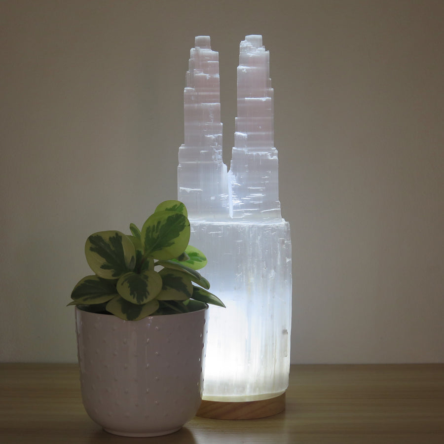 Selenite Castle Lamp Twin with LED light base.