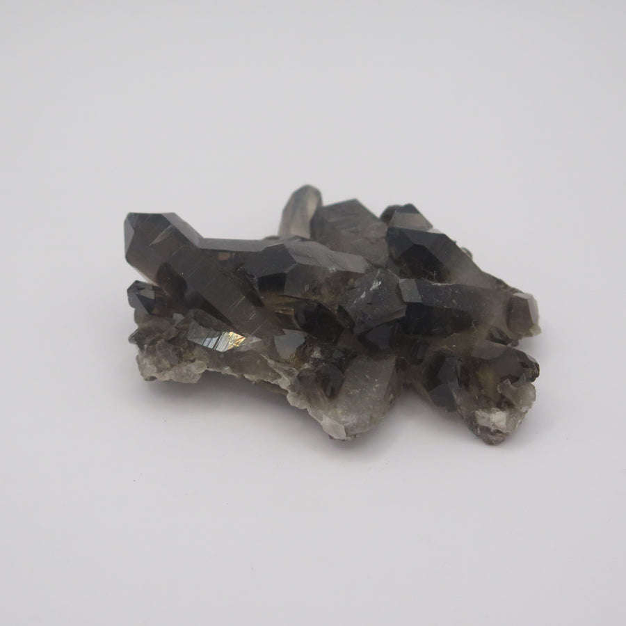 Image shows a smokey quartz cluster with very little matrix. It is blackish to dark grey in colour with translucent crystals. 