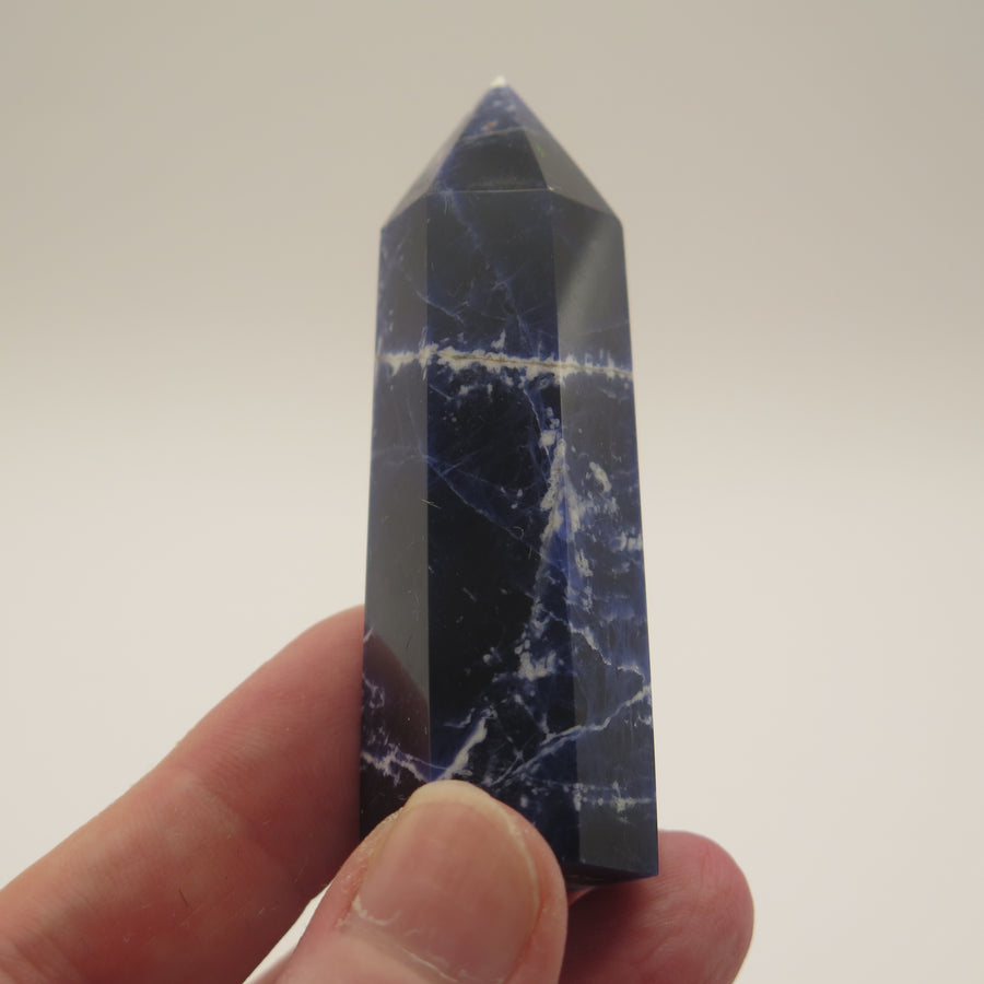 Image shows a polished Sodalite generator, deep blue in colour with white marble like inclusions. 